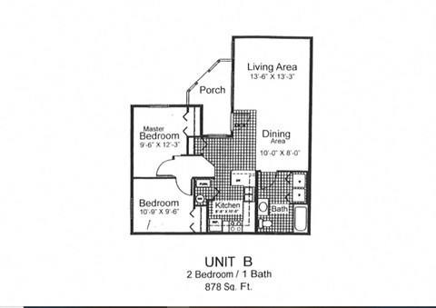 Floor plan for 2 beds, 1 bath, 882 sqft